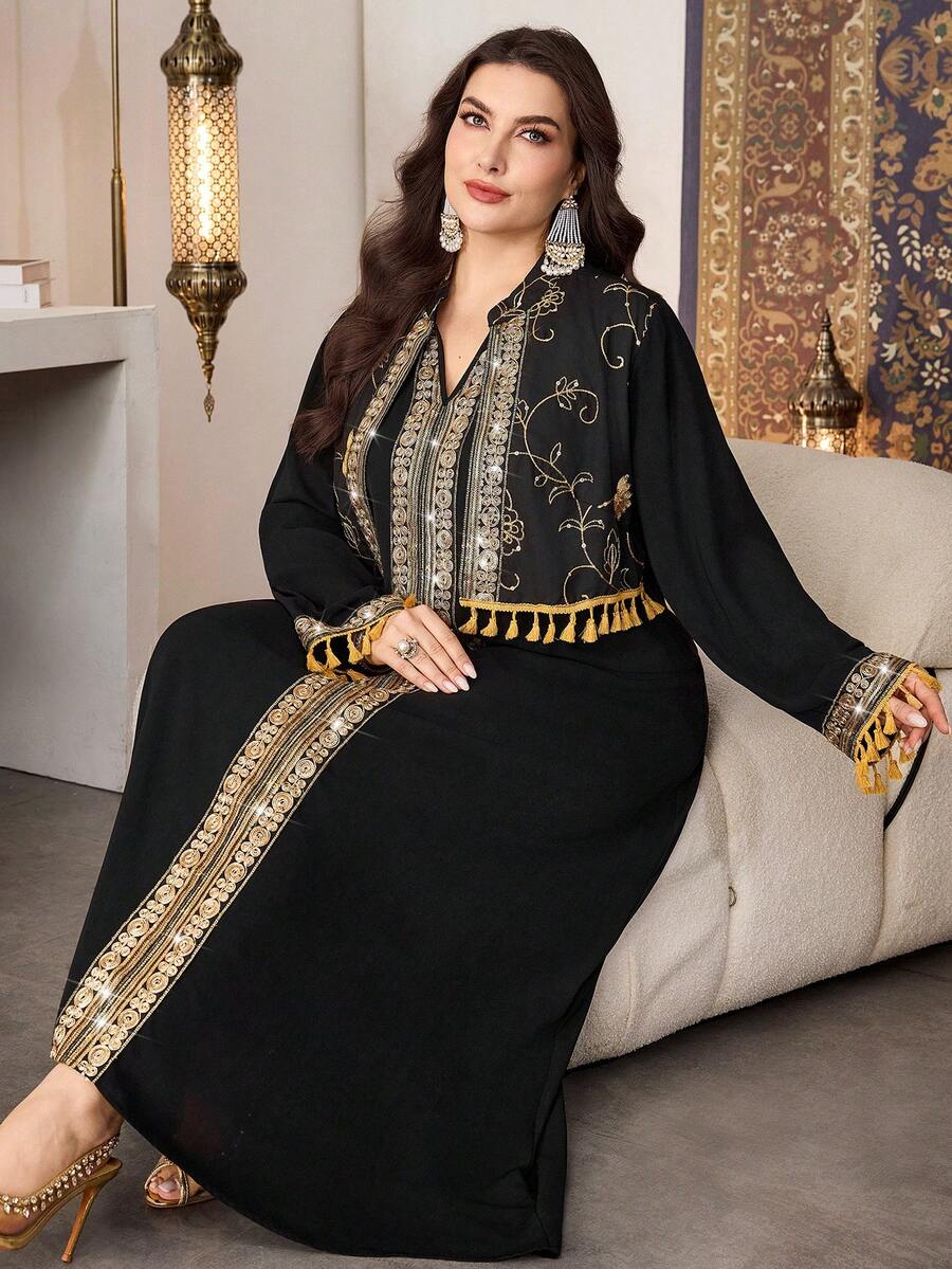 Al Najma Plus Size Women's Embroidered Long Sleeve Dress With Tassel Details, Suitable For Spring/Autumn Daily Wear And Gatherings - Black - View 1