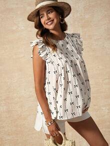 Boho Mama Maternity Clothes  Maternity Tops Pregnant Clothes   Vacation Sweet Blouse,Maternity Butterfly Print Round Neck Cap Sleeve Cute Blouse,Sweet Butterfly Print Pleated Loose Apricot Maternity Shirt ,Summer Outfit Women,Vacation Outfits Women - Apricot - View 7