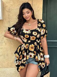 Ceyna Plus Size Elegant Sunflower Print Shirt, Spring/Summer - Black - View 7
