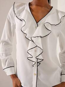 Lilora 女士V领荷叶边拼接时尚百搭通勤长袖衬衫 - 白色 - 查看 4