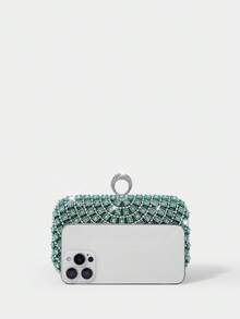 SHECARRY 轻盈商务休闲水钻装饰水桶包，迷你抽绳设计，透明仿珍珠包，晚宴包，魅力四射，优雅精致，低调奢华，水钻点缀，适合派对女孩、女士、新娘，完美搭配派对、晚宴/宴会、圣诞节派对礼服、情人节礼服，与伴娘团完美搭配，婚礼手拿包，派对包，完美搭配节日派对礼服、晚礼服和亮片礼服 - 綠色 - 查看 4