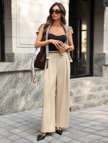 Editum Women's Straight Leg Pleated Khaki Linen Pants, Elegant For Daily Wear And Commuting, Spring/Summer Pants Solid Khaki Cotton-Linen Trousers, Straight Leg, Office Wear, Commuting Style. Wide Leg Pants Beige Pants Women Pants Casual Outfit Vacation Outfit - Khaki - View 5