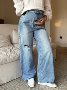 SHEIN 孕妇高腰休闲做旧浅蓝色时尚宽松百搭牛仔裤，适合春季、圣诞节、新年、感恩节、通勤、度假、毕业典礼等场合，展现Y2K风格，可爱街头风，适合派对、婚礼、优雅商务休闲等各种场合。 - 藍色 - 查看 8