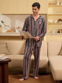 Velminro Conjunto de pijama casual y cómodo con botones y rayas para hombre - Café integral - Ver 4