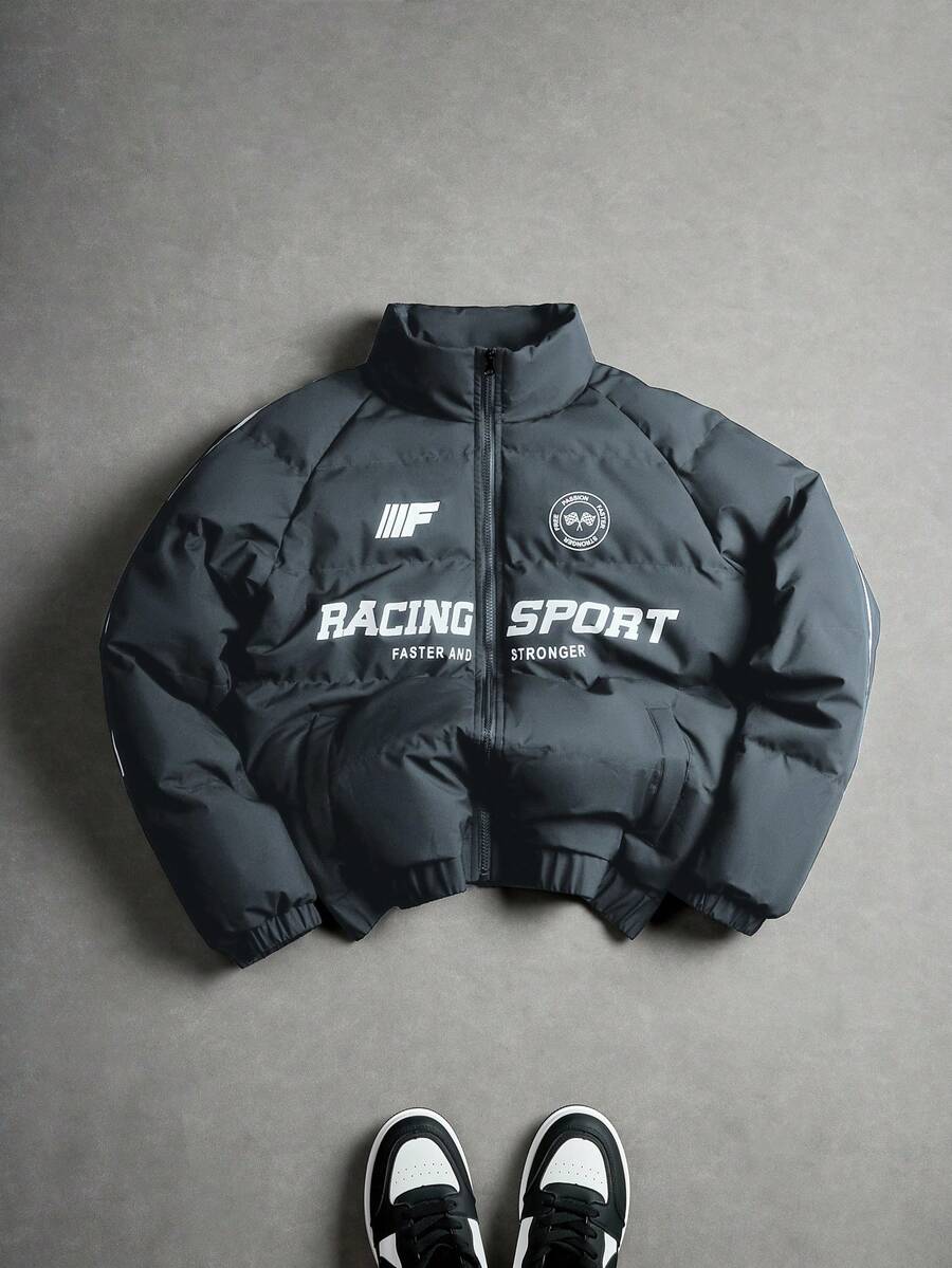 Manfinity Roghcode Men's Stand Collar Letter Print Raglan Sleeve Zip Front Winter Jacket Race Car Jacket Puffy Jacket Men Jackets Y2k Baggy Jacket - Dark Grey - View 1