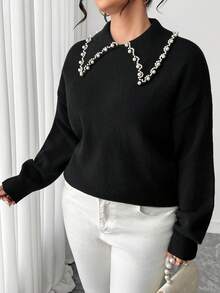 SHEIN PETITE CURVE 女士秋冬新款单件 Polo 领铆钉闪亮时尚修身常规套头长袖上衣，适合日常通勤穿着