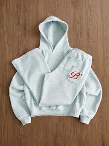 TOKVUE Bộ đồ thể thao nam màu xám trơn, co giãn, phong cách đường phố, chi tiết thêu, đồ thể thao nam, bộ đồ thể thao 2 mảnh nam. - Màu Xám nhạt - Xem 4