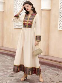 Al Najma Women's Notched Collar Belted Elegant Long Sleeve Turkish Maxi Dress, Arabic Abaya Maxi Dresses For Women Turkish Dress - Multicolor - View 3