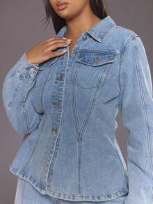 MUSERA Plus Contrast Stitch Cinched Waist Button Through Denim Jacket Autum Everyday Casual Cool Girl Streetwear Uncut - Light Wash - View 3