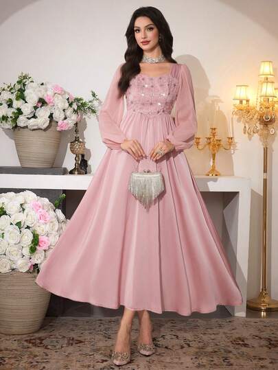 Modelyn Spring/Summer Pink Elegant Square Neck Long Sleeve Waist Slimming Flared Dress