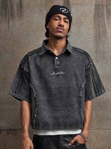 AXEPEAK Men's Washed Embroidered Polo Shirt, Fashionable - Grey - View 2