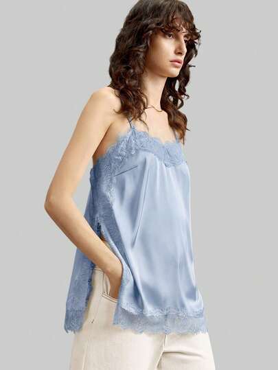 Ontre 2026SS Women's Light Blue Satin Crepe Fabric Comfortable Soft Lace Trim Spaghetti Strap Side Slit Design Versatile High-Sense Elegant Cruise Wear Modern Urban Casual Business Office Attire Low-Key Vintage Vibe High-Quality Sophisticated Airport Fashion High-End Material Women Top