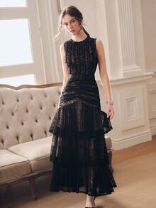 Anewsta Elegant Sleeveless Lace Layered Dress For Party - Black - View 2