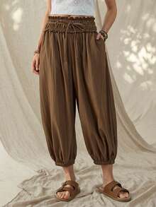 Wildy 波西米亚风女士休闲西部乡村复古风基本款长裤，带口袋，适合春夏日常通勤，春夏度假休闲宽松裤，适合各种场合。 - 棕色 - 查看 4
