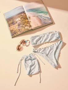 Aralina Solid Color Button Decor Bandeau Bikini Set - Blue - View 5