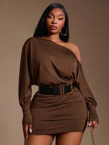 Radiana Elegant Plus Size Coffee Brown Mini Pencil Dress With Asymmetrical Neck Ruched Batwing Extra Long Sleeves For Women - Coffee Brown - View 3