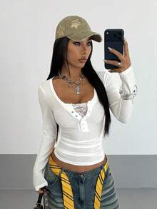 StreetHx 街头风女式蕾丝拼接透视长袖T恤 - 白色 - 查看 3