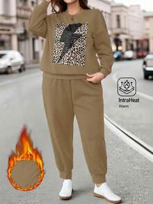 EMERY ROSE Plus Size Women's Thermal Lined Leopard Print Sweatshirt And Sweatpants Set With Pockets,Khaki,Winter,Smart Casual,Vacation 2 Pieces Casual Pants Suit - Khaki - View 4