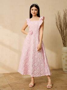 Teen Girl Floral 3D Embossed Ruffle Hem Fashion Dress - Pink - View 3