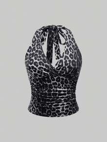 INAWLY Top halter ajustado y fruncido de talla grande estilo Y2K para mujer - Multicolor - Ver 4