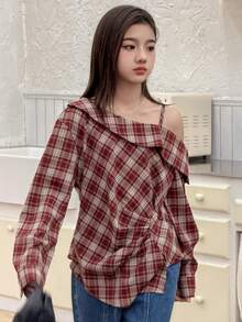 Dazy Kids Tween Girl Plaid Asymmetric Collar Long Sleeve Fashion Shirt