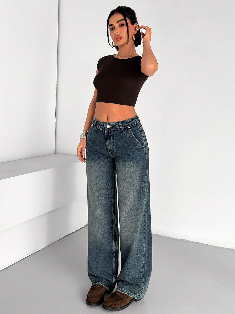 EURMUSE Low Waist Slanted Pocket Loose Straight Leg Denim Jean - Medium Wash - View 1