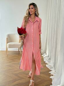 SHEIN LUNE 女士休闲条纹长袖开衩中长连衣裙，适合日常穿着、外出和度假，春夏款 - 紅白色 - 查看 3