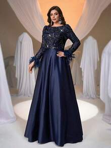 Aureia 大码优雅浪漫船领蓝色奢华亮片拼接婚纱，长袖薄纱袖羽毛拼接大A字裙，适合婚礼、派对、庆典活动、正式场合（重工装饰设计） - 藏蓝色 - 查看 7