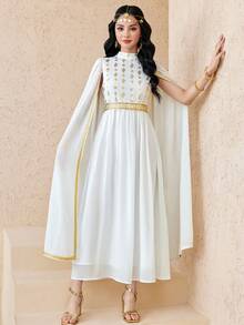 SHEIN Đầm dự tiệc cho thiếu nữ: Dây ruy băng vàng, tua rua, mùa xuân/hè, đi nghỉ mát, viền ren vàng, cổ đứng, họa tiết hoa châu Âu cổ điển, phối màu, màu hồng, áo choàng Ả Rập Trung Đông, đầm dài ngày Quốc khánh - trắng - Xem 4
