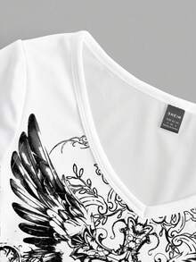 Attitoon 女士休闲复古朋克 Y2K 街头风 V 领修身长袖 T 恤，饰有白色字母、十字架、精美卷轴和翅膀印花 - 嘻哈核心、哥特式赛博朋克、辣妹风，适合机场穿着，秋冬季穿着舒适。 - 白色 - 查看 3