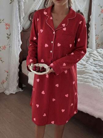 SHEIN Camicia da notte da donna a maniche lunghe con colletto, a righe e con stampa a cuori