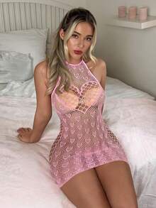 PetitDoll 1pc Women's Heart Hollow Design Halter Neck Sexy Mesh Skirt - Pink - View 1