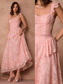 Enchnt 女士优雅荷叶边袖口褶裥腰部提花花朵贴花连衣裙，夏季 - 藕粉色 - 查看 2