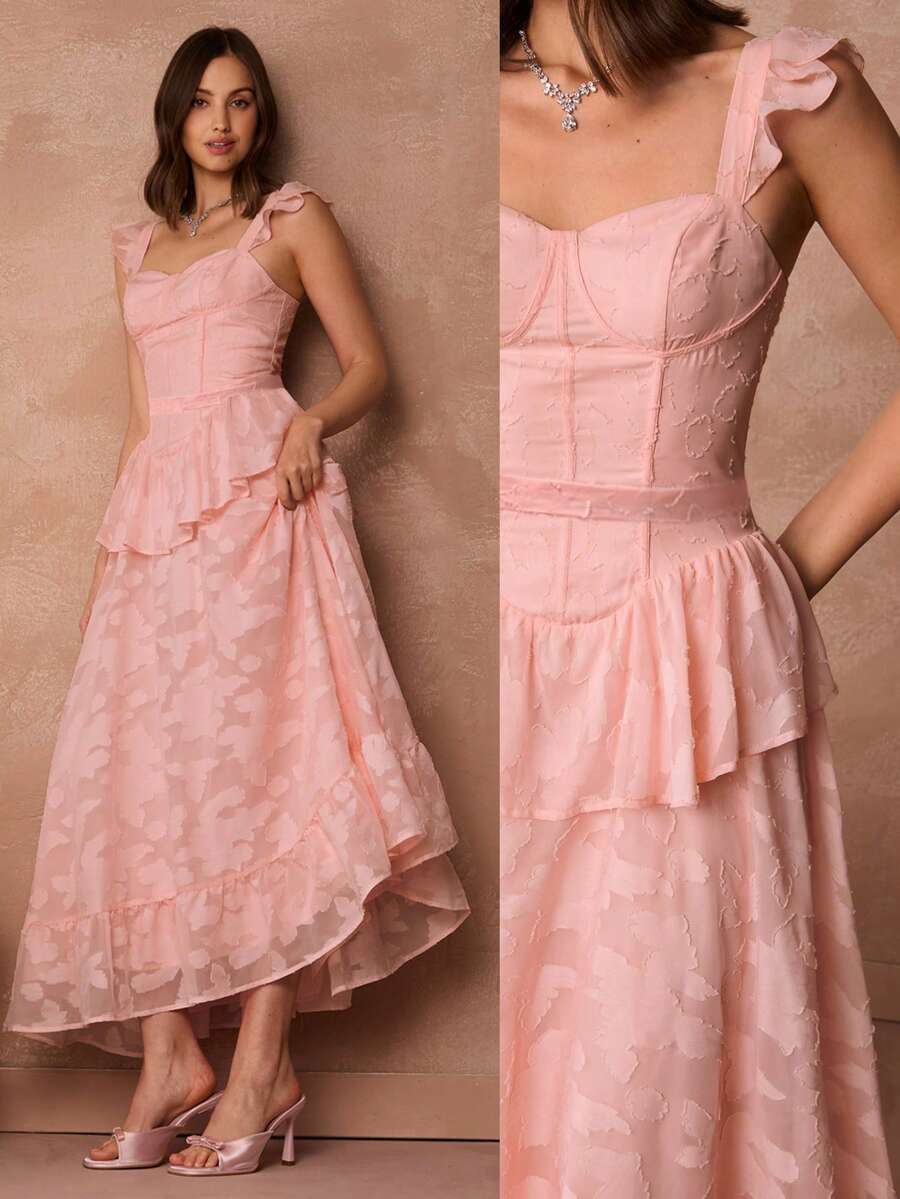 Enchnt 女士优雅荷叶边袖口褶裥腰部提花花朵贴花连衣裙，夏季