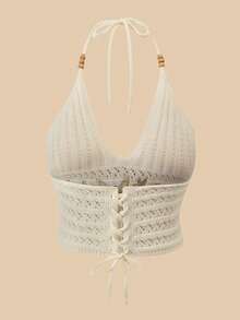 Travachic Women's Summer Vacation Beach Coconut Tree Embroidery Halter Neck Cover Up Top, Carnival, Casual, Vacation, Summer Holiday - Apricot - View 2