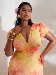 SHEIN BAE 大码女式V领荷叶袖黄色针织连衣裙，春夏度假装 - 黃色 - 查看 4