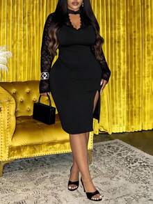 Slaydiva Plus Size Women's Elegant Black Autumn Formal Bodycon Dress,Long Lace Sleeve Evening Night Out Club Outfit,Vintage Solid Cocktail Party Gown - Black - View 10