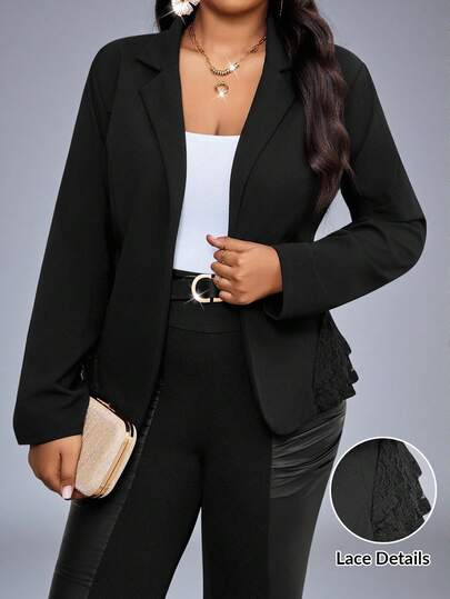 SHEIN Lady Autumn And Winter Elegant Commuting Office Black Knitted Lapel Contrast Lace Long Sleeve Women Blazers Plus Size Blazers Winter Clothes Winter Clothes For Women Women's Winter Jacket Autumn Clothes For Women