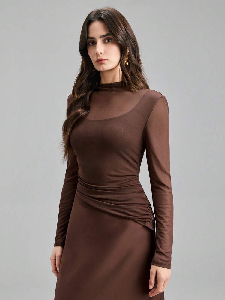 2026SS Women's Brown Satin-Faced Twill Fabric Comfortable Smooth Off-Shoulder Loose Batwing Sleeve Design Waist Fitted Long Sleeve Urban Commute Office Business Casual Blouse, Formal Basic Top For Party, Summer, Valentine's Day, Elegant All-Season Versatile Modern Urban Fashion Business Casual Women's Wear Office Attire Understated Old-Money Style, Elegant And Sophisticated, High-Quality Commuter And Airport Women's Wear Bohemian Style Vacation Outfits Seaside Women's Clothing, Country Music Con