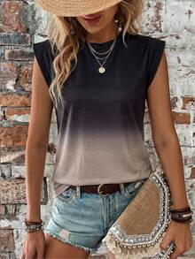 EMERY ROSE New Khaki Base Fashionable Casual Ombre Cap Sleeve Round Neck Women T-Shirt - Multicolor - View 4