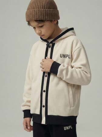 SHEIN Casuvi Kids 1 Set Teenage Boys Casual Minimalist Style Beige & Black Hoodie Sweatshirt With Black Pants, Regular Thickness, Everyday Wear, Autumn Fall Winter