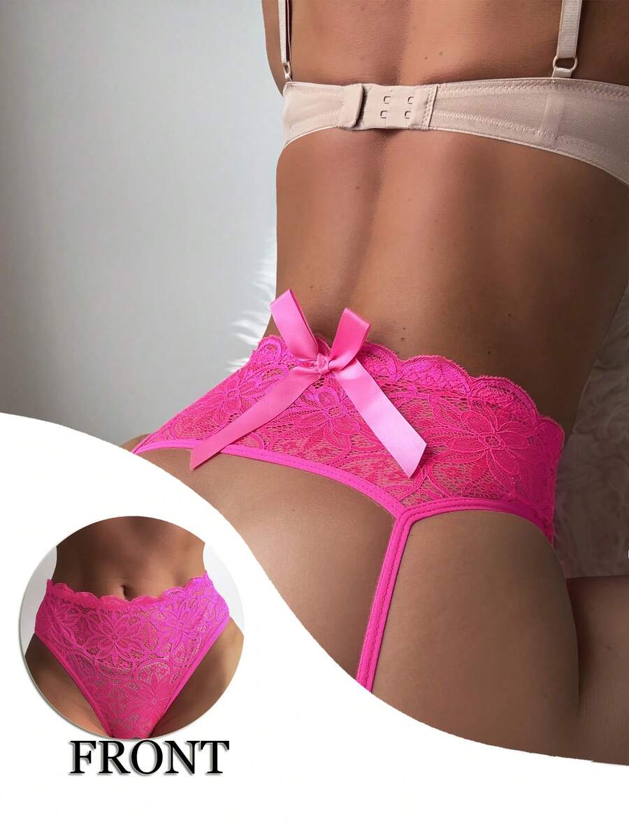 SpicyHot Lace Panel Decorated Bow Sexy Open Back Briefs For Going Out - Hot Pink - View 1
