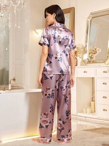 LuxeNights 女士印花仿丝翻领短袖睡衣套装 - 彩色 - 查看 2