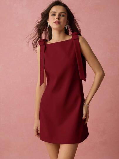 Enchnt Women's Solid Color Square Neck Sleeveless Shoulder Tie Minimalist Mini Dress