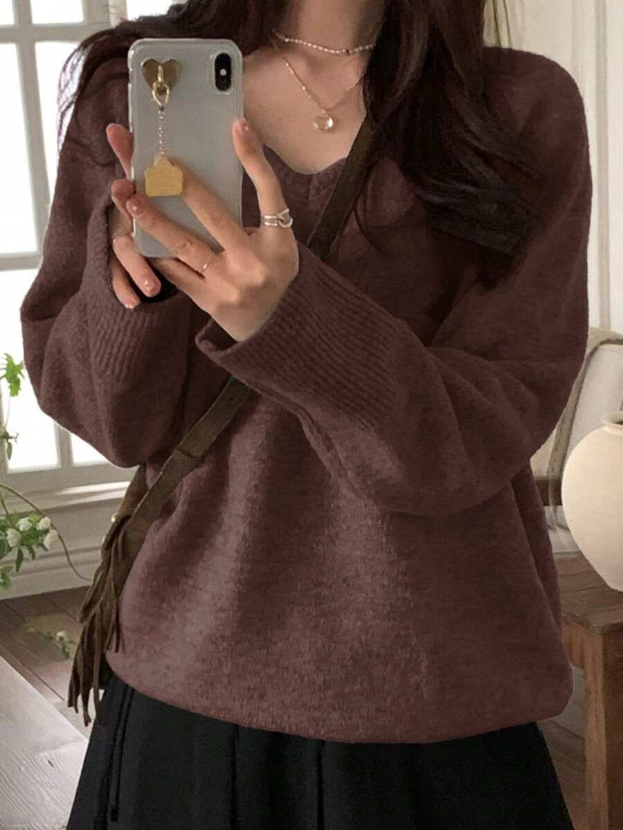 DAZY Women's V-Neck Solid Color Casual Versatile Long Sleeve Pullover Sweater - Brown - View 1