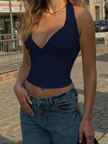 Zyxie Áo tank top crop ôm sát, màu trơn, cổ yếm, hở lưng, thích hợp cho mùa hè. - Màu xanh hải quân - Xem 4