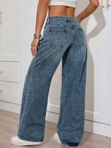 SHEIN PETITE Quần jean nữ ống rộng dáng suông có túi, kiểu dáng thường ngày, đa năng. - Màu xanh lam - Xem 2
