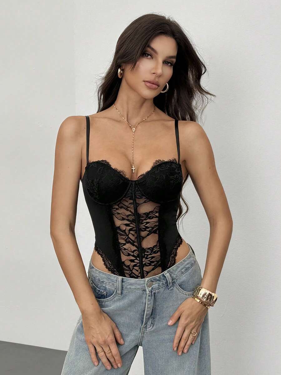 SHEIN Tall 女款夏季音樂節夜店性感 Y2K 風格黑色蕾絲修身連身衣，適合高個女性