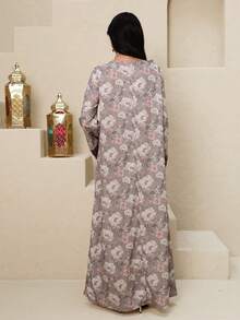 Al Najma Women's Floral Print Rhinestone Decor Round Neck Long Sleeve Elegant Arabic Style Maxi Dress - Multicolor - View 3