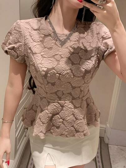 DAZY Women's Elegant Jacquard Round Neck Ruffle Hem Puff Sleeve T-Shirt, Summer